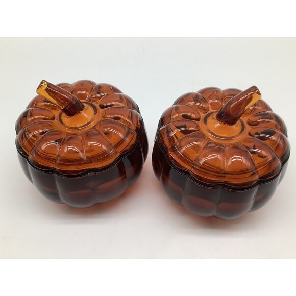 Burnt Orange Colored Heavy Lidded Glass Pumpkins, Set of 2 - Picture 3 of 12
